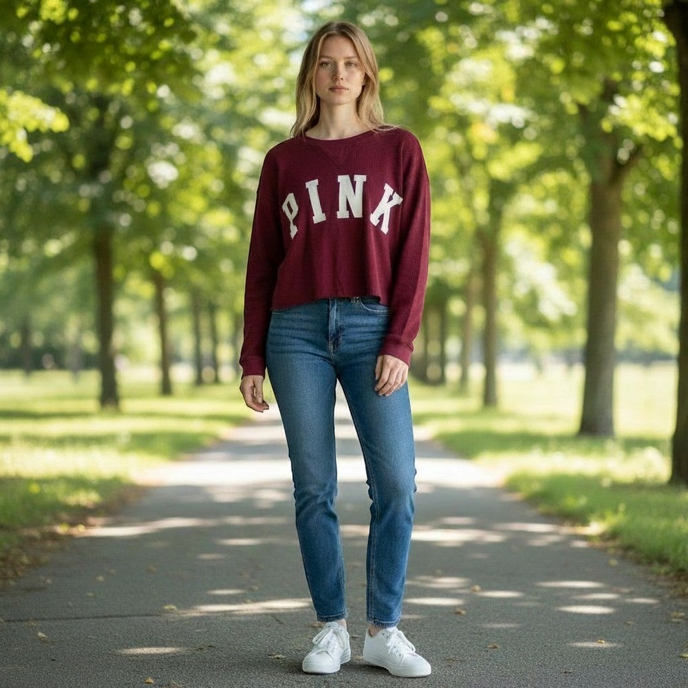 PINK Victoria's Secret Waffle Knit Cropped Long Sleeve Top Maroon Small